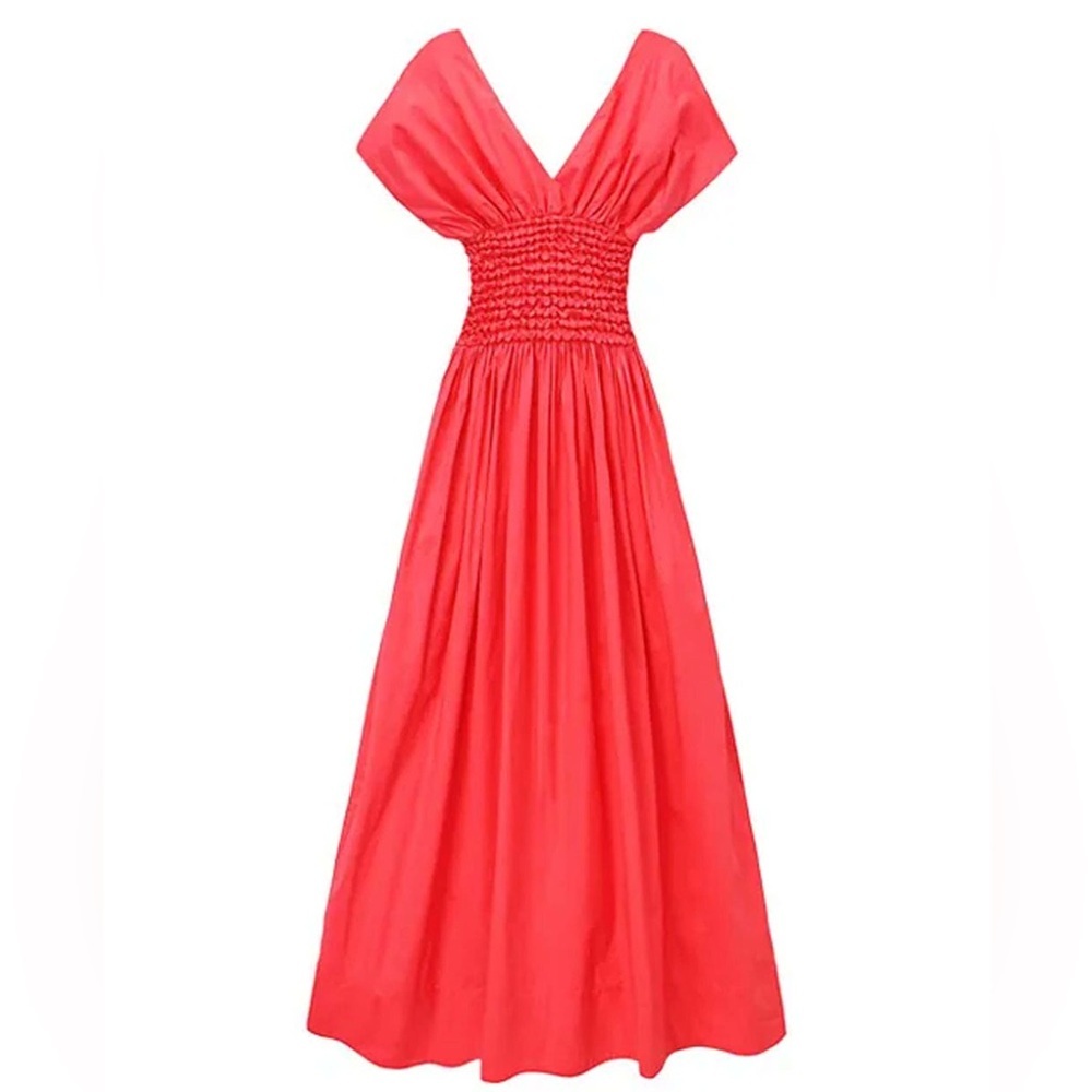 STAUD Jackson Smocked Midi Dress Hibiscus Red NWT S Rare Sold Out Never Tried On